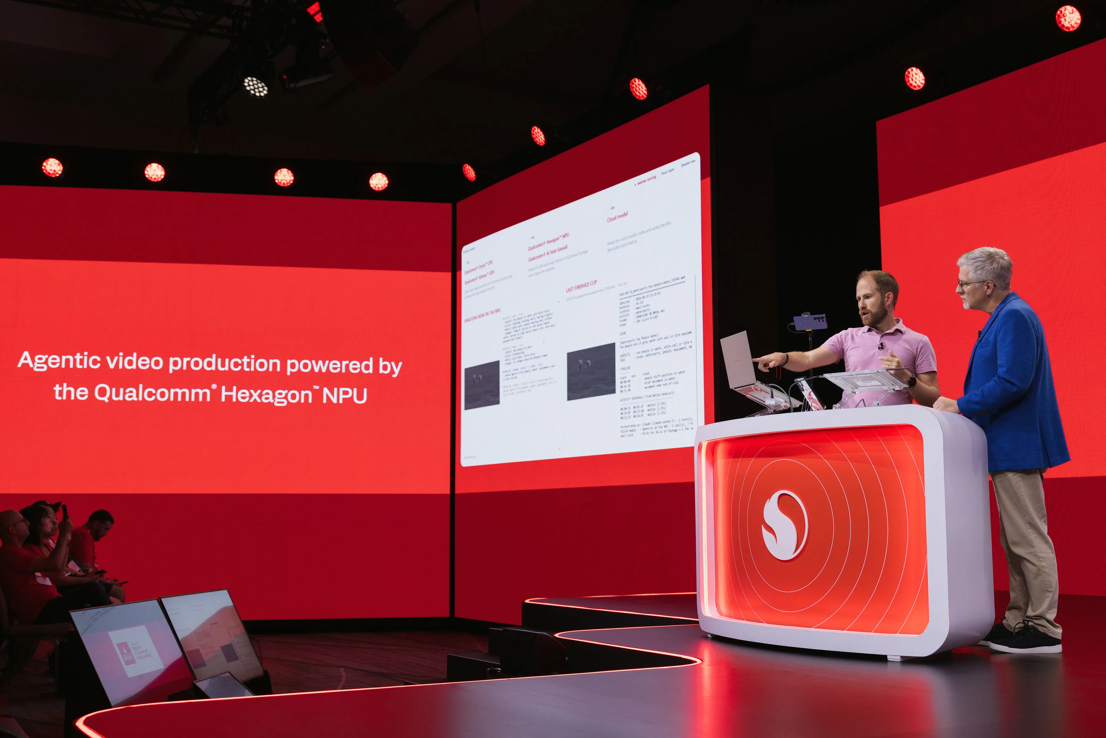Joshua Timothy presenting on stage showing local agent workflow of analyzing video footage at Snapdragon Summit